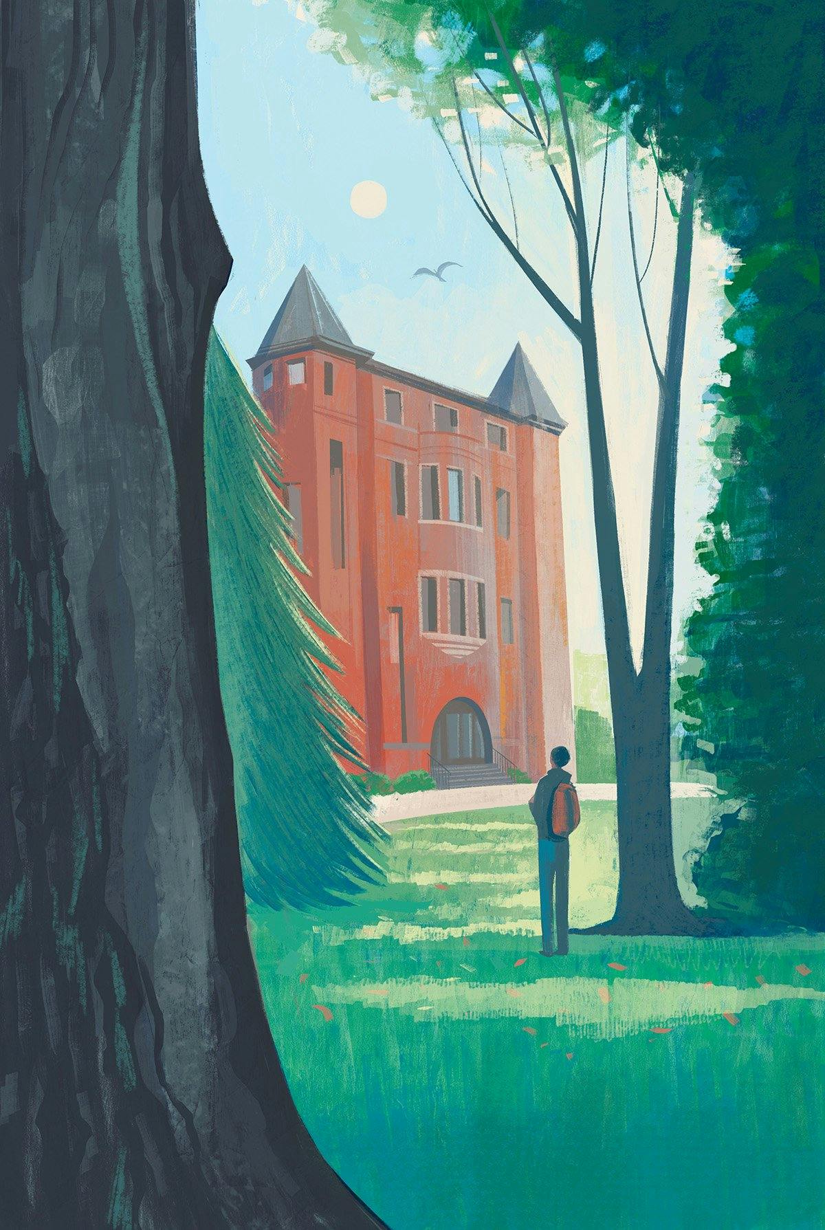 Illustration by Sam Kalda depicting a student walking between two tall trees towards Alexander and Adelaide Hall