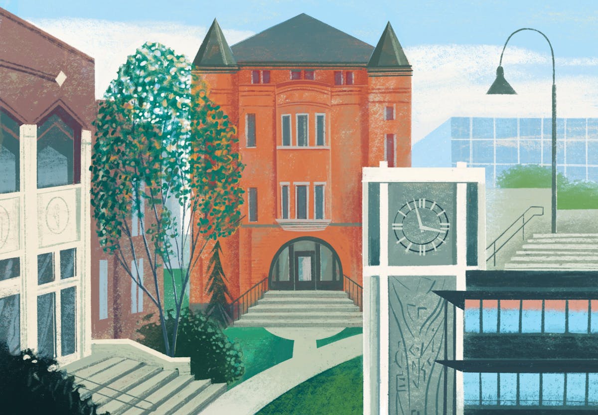 Illustration by Sam Kalda depicting iconic buildings from the SPU campus with McKinley Hall on the left, Alexander and Adelaide Hall, and Demaray Hall on the right