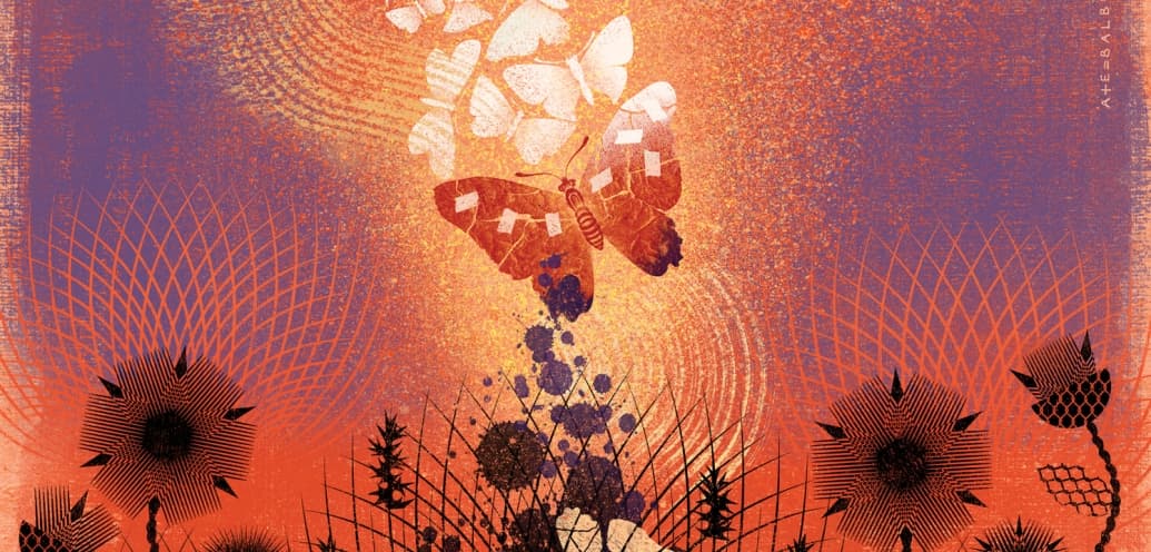 An illustration of a butterfly and flowers by Anna and Elena Balbusso