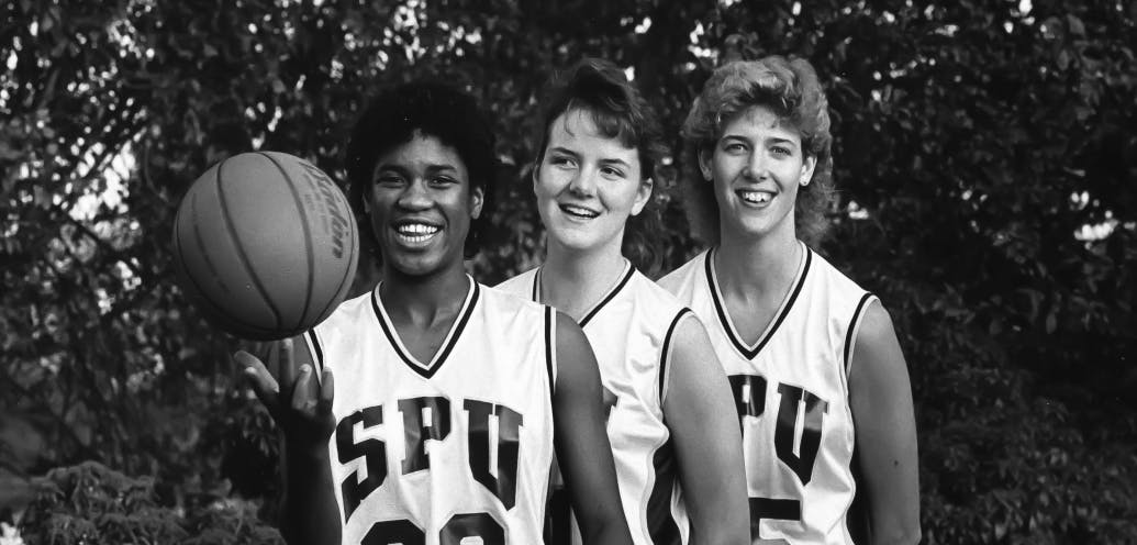 Linda Johnson '89 (far left) and teammates, Lori Robinett and Jamie Sipma. Photos courtesy of SPU Archives and Linda Cooper.