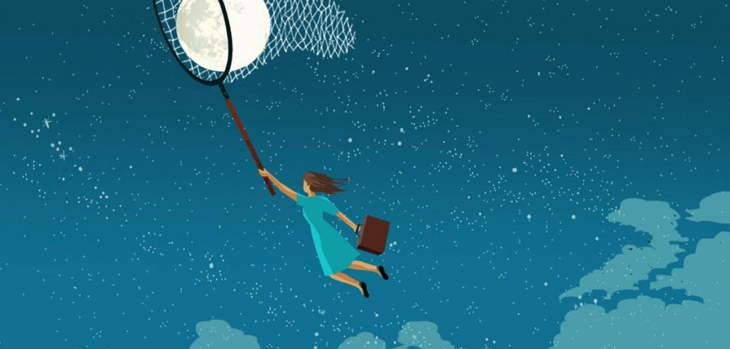 A woman catches the moon in a net. Illustration by Eva Vazquez