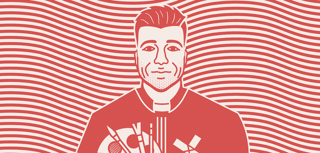 This image shows a stylized illustration of a man with hipster hair holding artist tools and a crucifix.