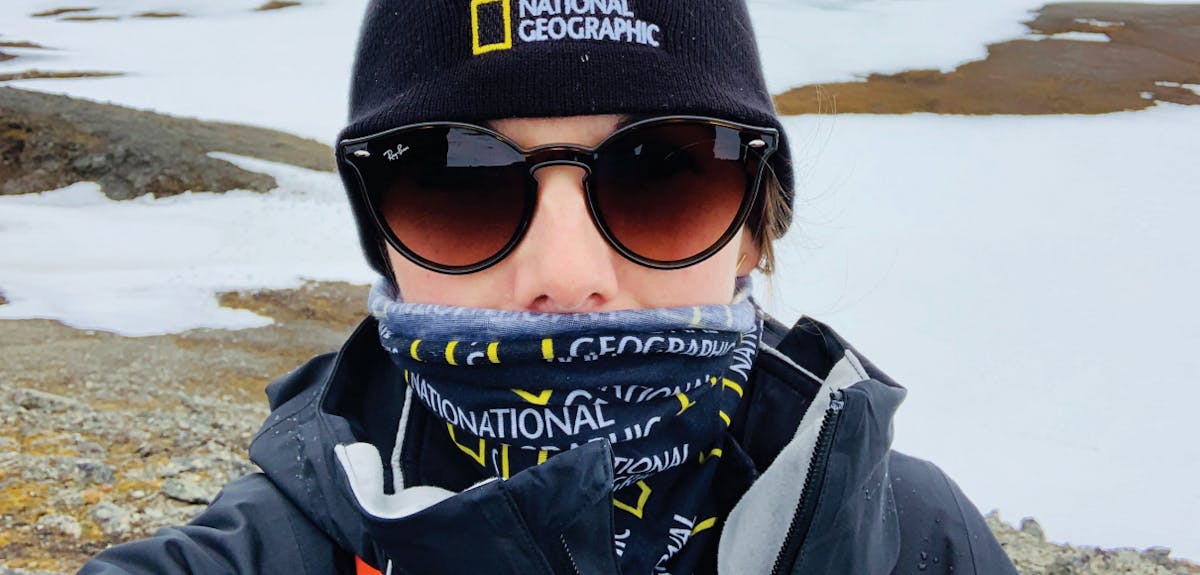 Jennie Warmouth in Antarctica sporting National Geographic gear