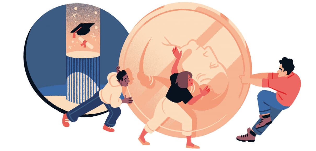 illustration of people moving a larger quarter by tommy parker