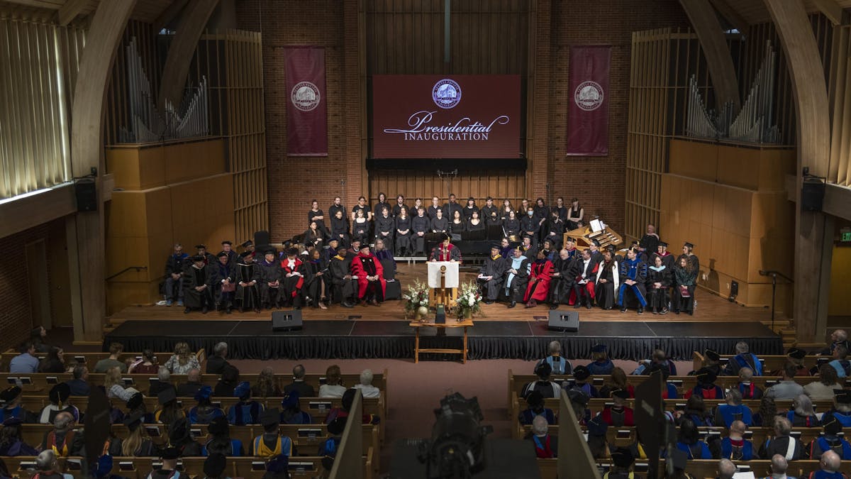 aerial view of President Porterfield giving her inaugural address in the First Free Methodist Church.
