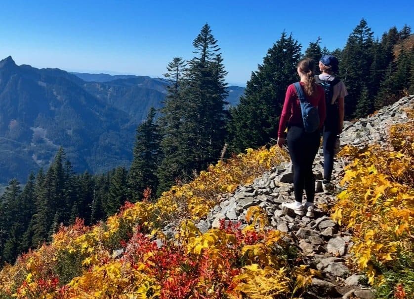 Students on a ridge trail with blue sky and wildflowers along the trail.